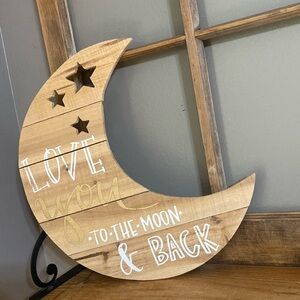 Love you to the moon and back wooden crescent moon decor sign